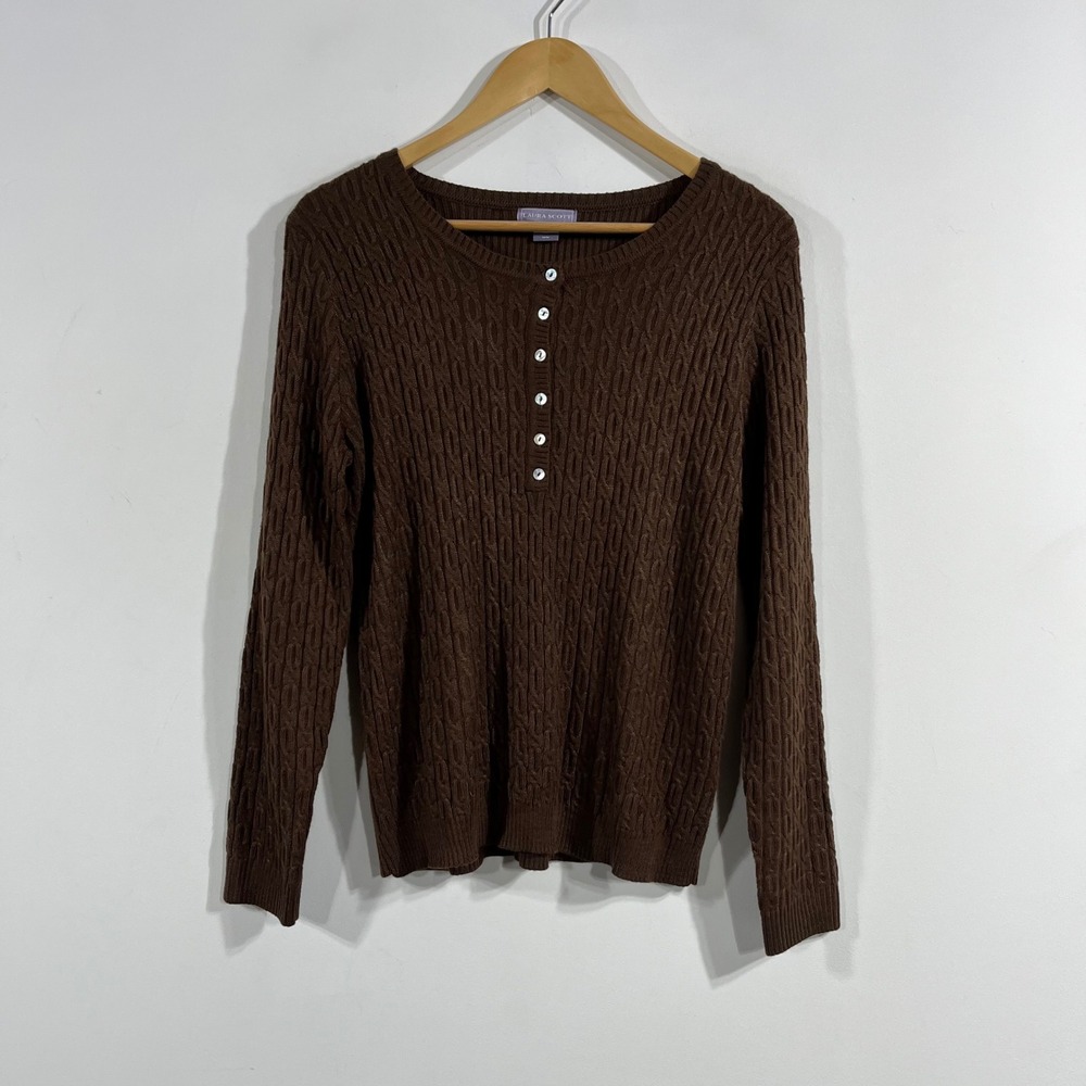 VTG 90s Heritage Fisherman Brown Cable Knit Henley Academia Sweater Size Medium
